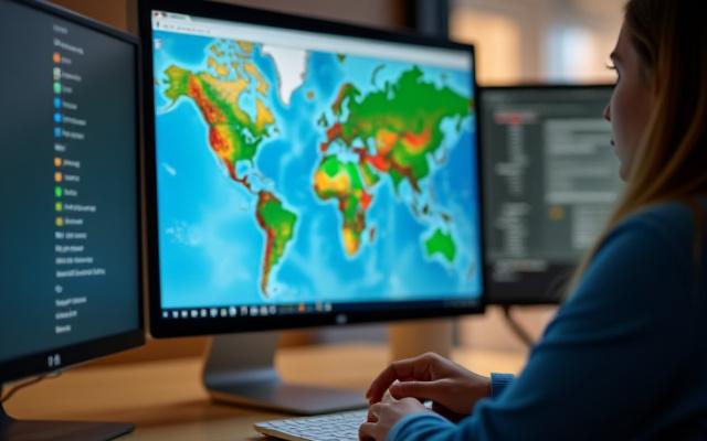 GIS Alapok tanfolyam, digitális térkép és számítógép előtt dolgozó ember